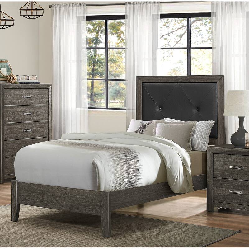 Twin Size Wood Panel Bed with Button-Tufted Faux Leather Headboard - Dark Gray