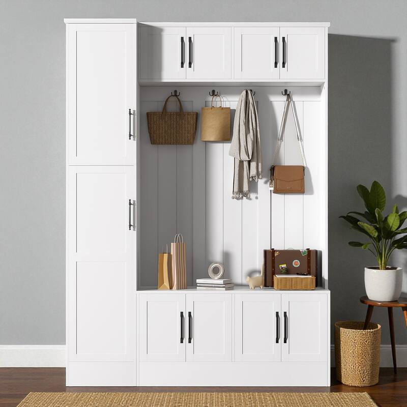 79'' Tall Modern 4-in-1 Hall Tree with Bench, 6 Cabinets, Adjustable Shelves & Coat Hooks for Entryway, Hallway, Living Room - White