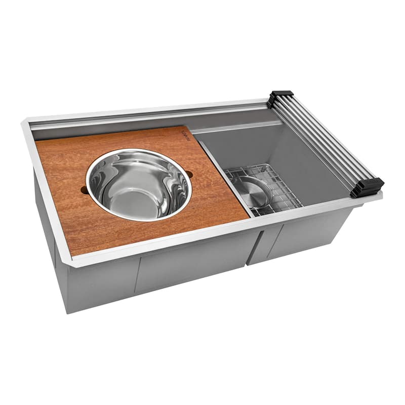 Ruvati 33-inch Workstation Dual Tier Double Bowl Low Divide Undermount 16 Gauge Stainless Steel Kitchen Sink - 33" x 19″