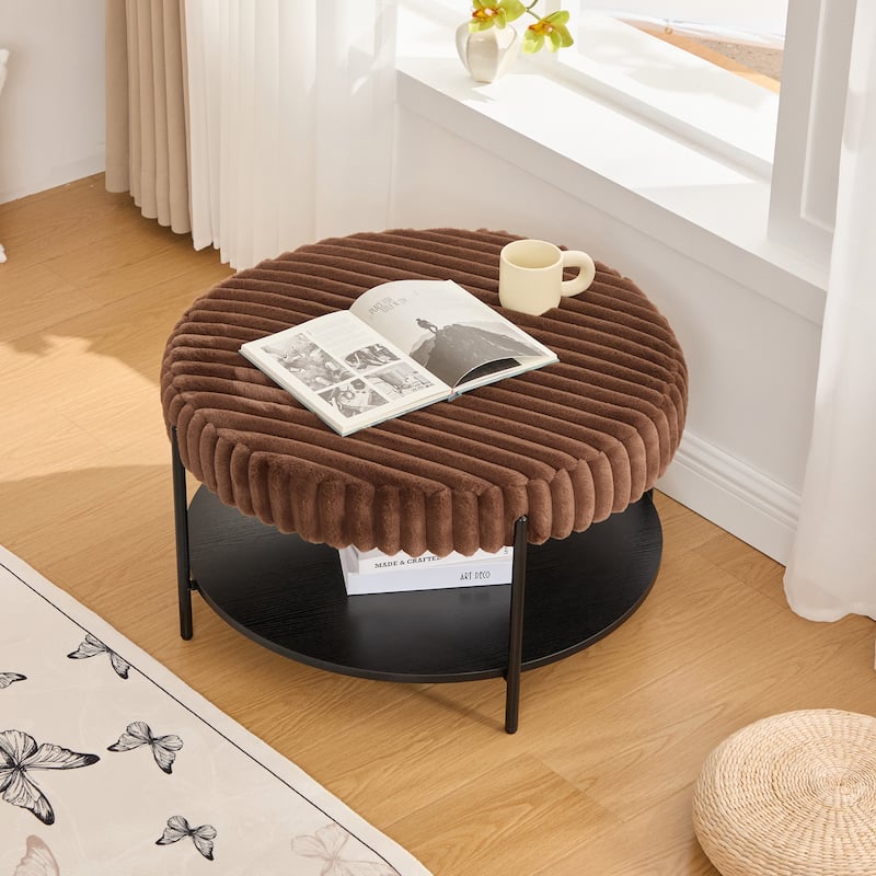 30.9"Wide Upholstered Round Ottoman Coffee Table Foot Rest with Black Metal Legs, Footstool with Wooden Open Storage Shelf