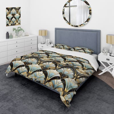 Designart "1970S Blue And Gold Damask Art Deco I" Gold Damask Bedding Set With Shams