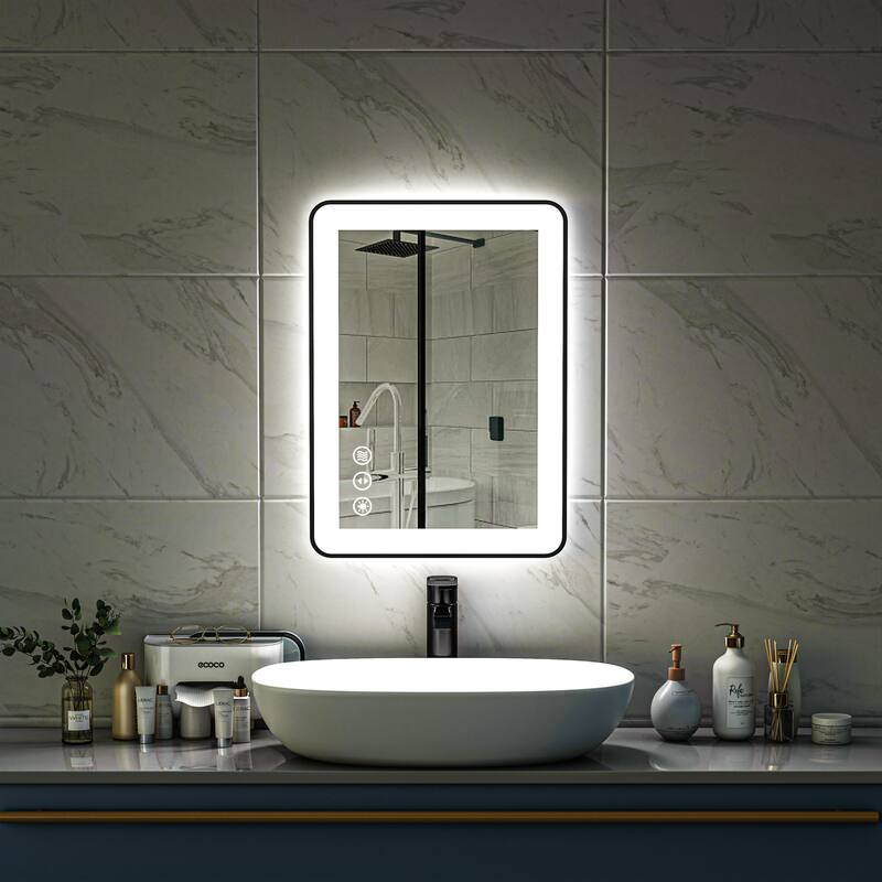 TOOLKISS Black Frame Anti-Fog Dimmable LED Light Vanity Bathroom Mirror with Backlit and Front Light