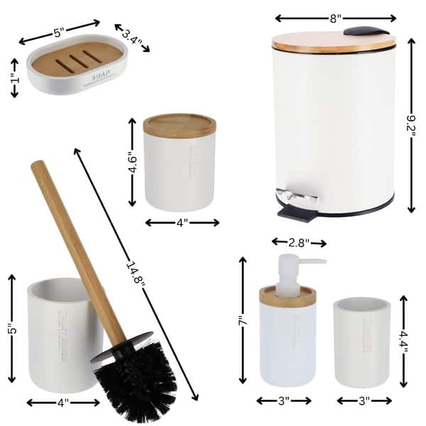 dimension image slide 3 of 9, Bathroom Accessories with Natural Accents, Modern 6-piece Set