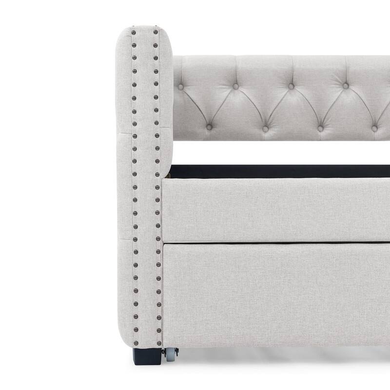 Daybed with Trundle Upholstered Tufted Sofa Bed with Button and Copper Nail on Square Arms