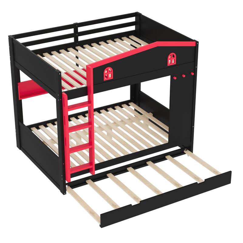 Queen over Queen Bunk Bed Rustic House Bunk Bed with Hooks Storage Shelves, Solid Wood Under-bed Storage Drawers or Trundle