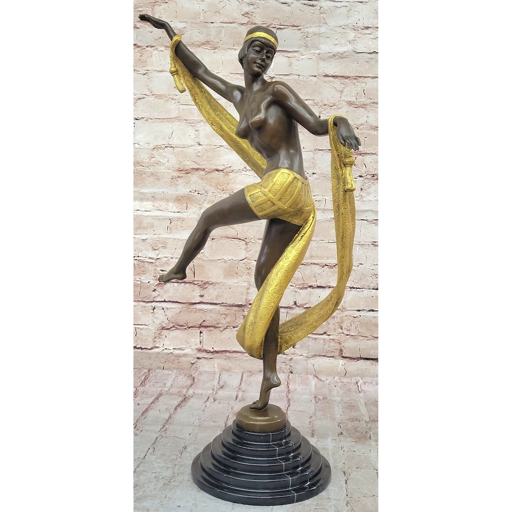 Hot Cast Bronze Art Deco Figural Sculpture Of Topless Ribbon Dancer By Rozet