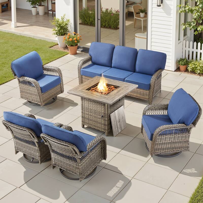 Pocassy Patio Outdoor Fire Table with Sofa Ottoman Swivel Chair Funiture Set. - Gray Wicker Blue Cushion - 6-Piece Sofa Swivel Chair w/ Fie Pit Table