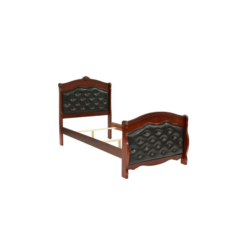 Dark Cherry Twin Size Bed Youth Bedroom Furniture Espresso Faux Leather Headboard Footboard Plywood 1pc Bedframe