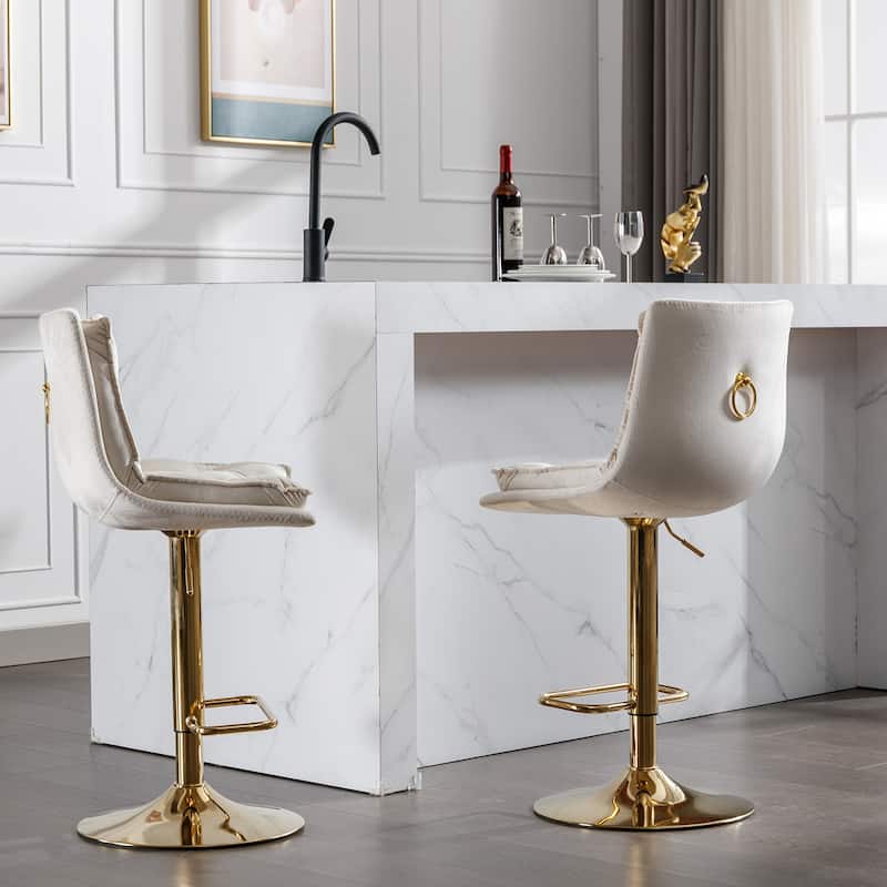 Set of 2 Adjustable Swivel Bar Stools, Cream Velvet with Chrome Footrest & Gold Legs
