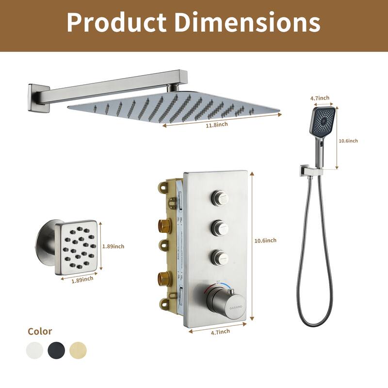 3-Function 12-Inch Wall-Mounted Thermostatic Shower System in Brushed Nickel