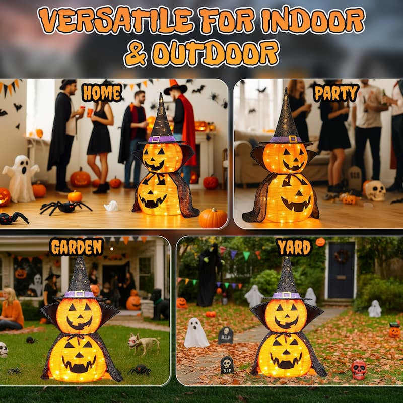 2-Pack 3 Feet Halloween Pumpkin Decorations with 176 Warm LED Lights for Indoor or Outdoor Use - 12"Dia x 36"H