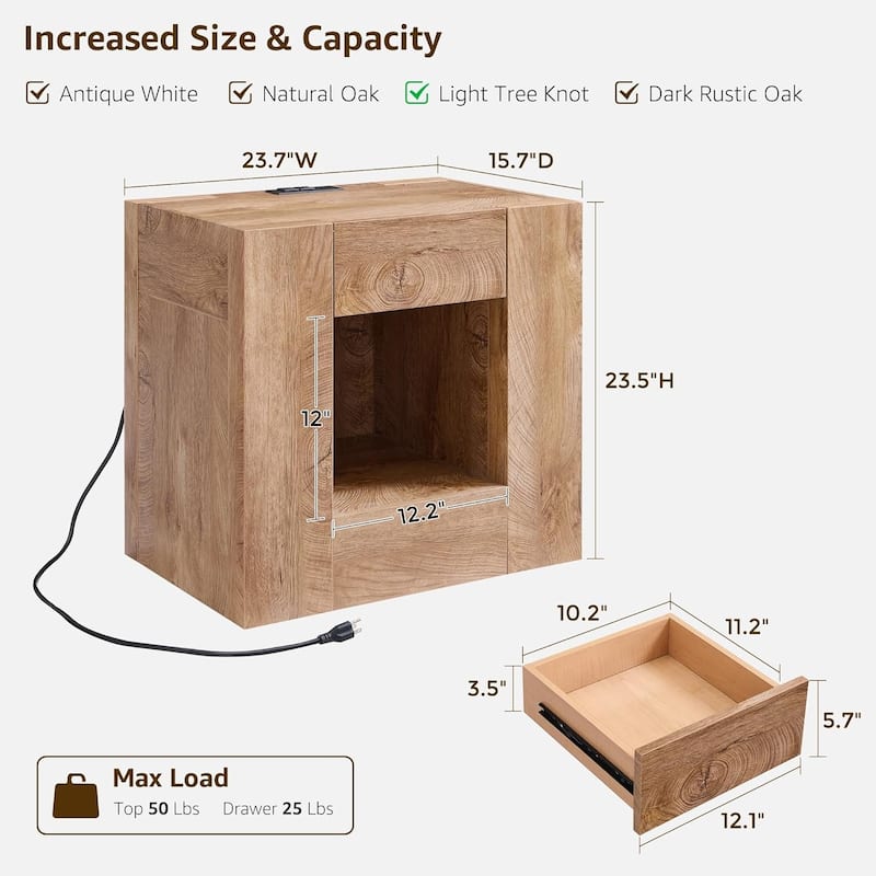 Modern Nightstand with Charging Station, End Table w/Hidden Drawers