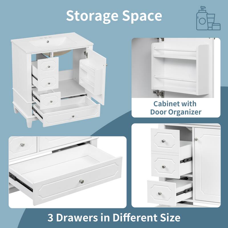 30" Bathroom Vanity With Sink, Freestanding Vanity Cabinet With Ceramic Basin, 3 Drawers, Storage Shelves Included