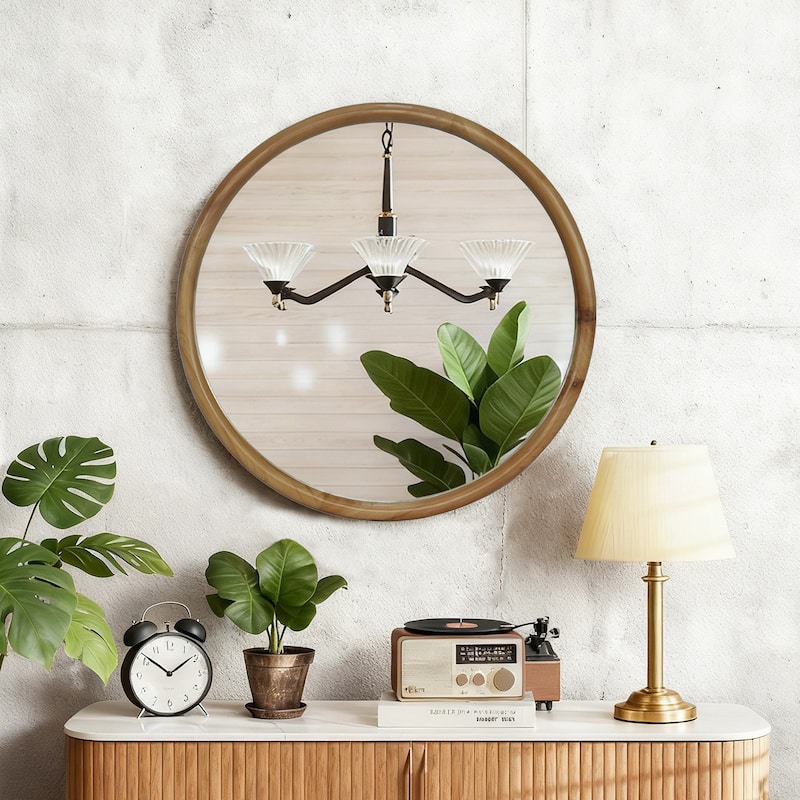 Round Wood Framed Wall Mirror, 23.62" Natural Wooden Circle Mirror for Bathroom, Bedroom, Entryway, Mid-Century Modern