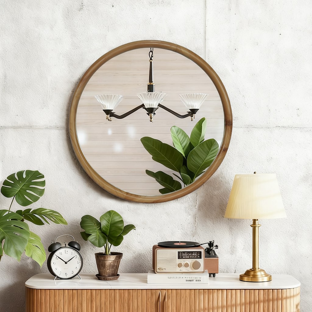 Round Wood Framed Wall Mirror, 27.56"Wooden Circle Mirror for Bathroom, Bedroom, Entryway, Mid-Century Modern Decorative Mirror