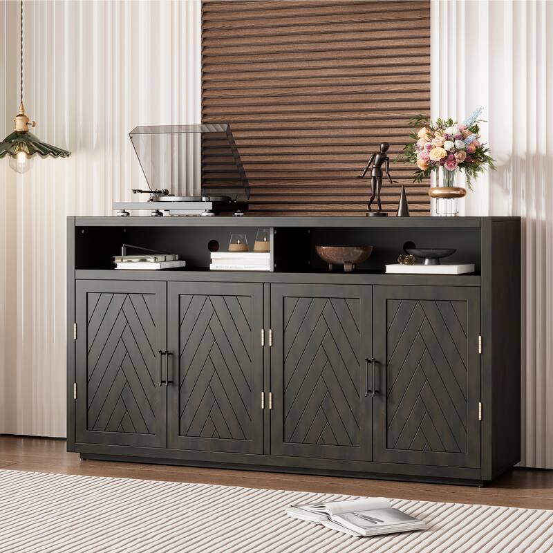 4 Door Sideboard with Open Storage and Adjustable Shelves