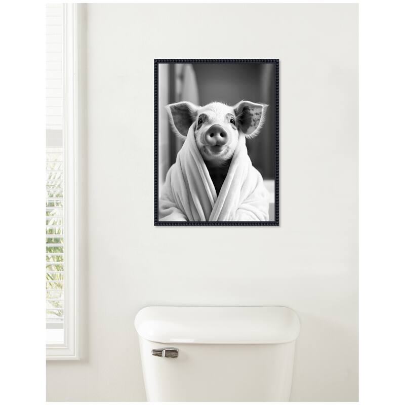 Kate and Laurel Sylvie Pig Bathroom Art Towel Robe Black and White Framed Canvas by The Creative Bunch Studio