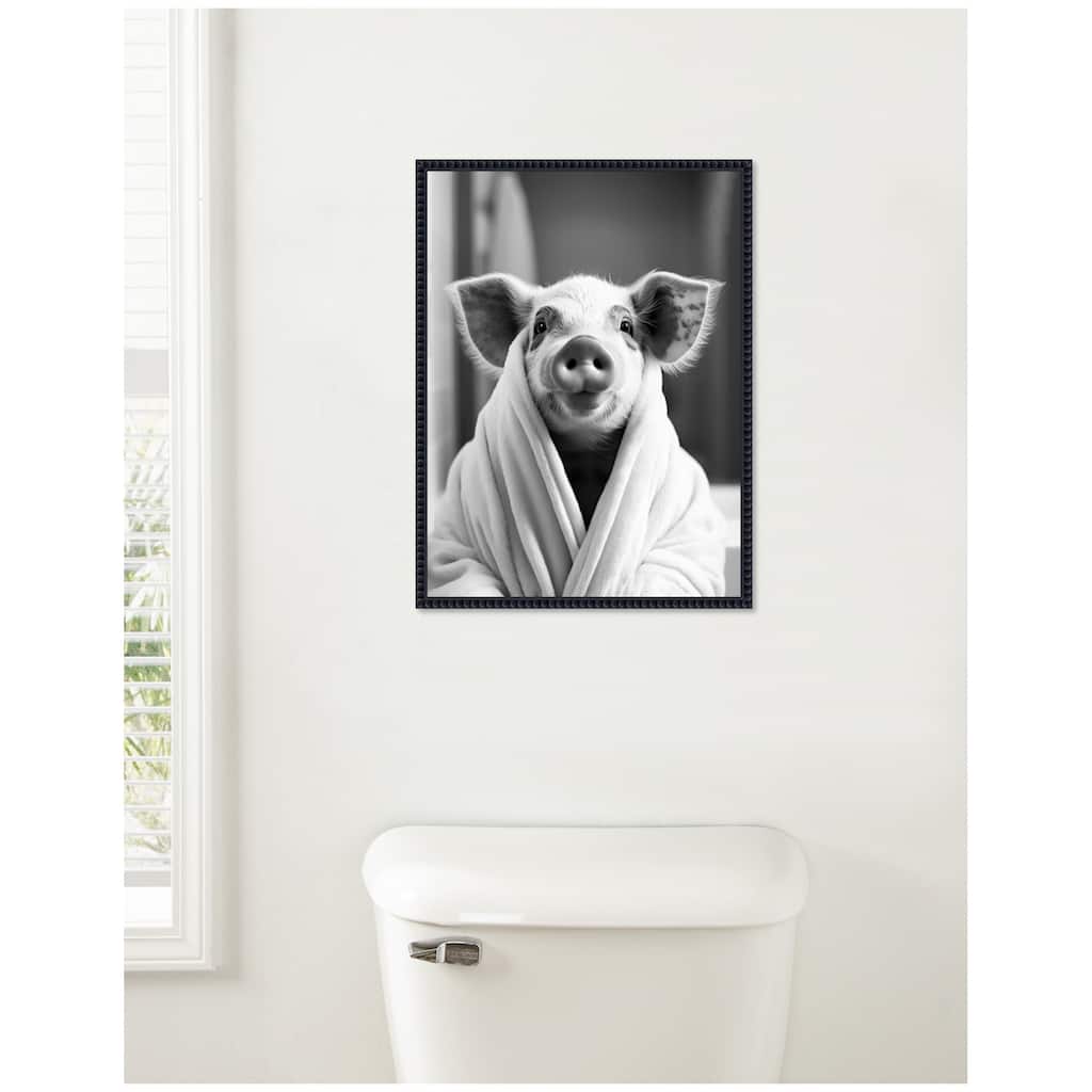 Kate and Laurel Sylvie Pig Bathroom Art Towel Robe Black and White Framed Canvas by The Creative Bunch Studio