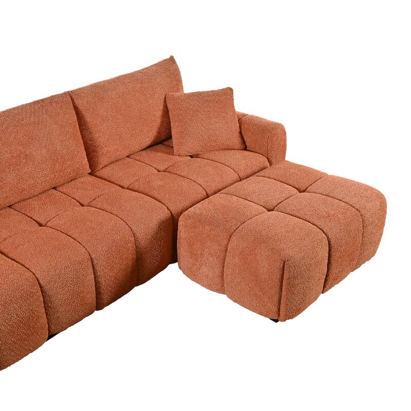 Modular Sectional Sofa Boucle Fabric Pull-line Design L-Shape Sofa Set with Movable Ottoman for Living Room 3-Seater Couch