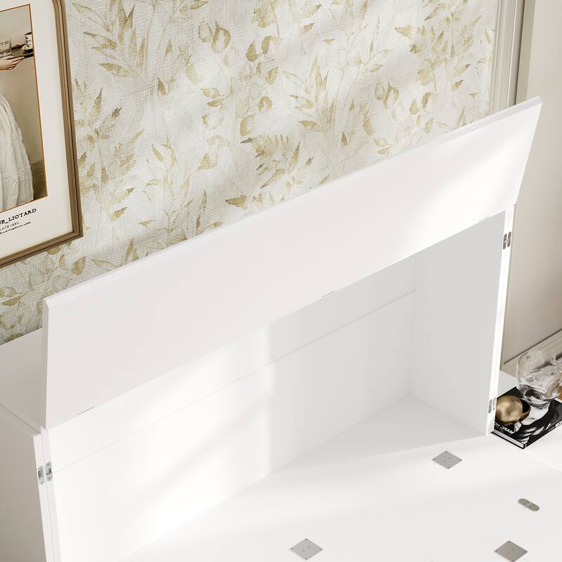 Queen Size White Storage Bed Frame with Headboard Storage, Built-In Cabinets, Drawers & Side Shelf