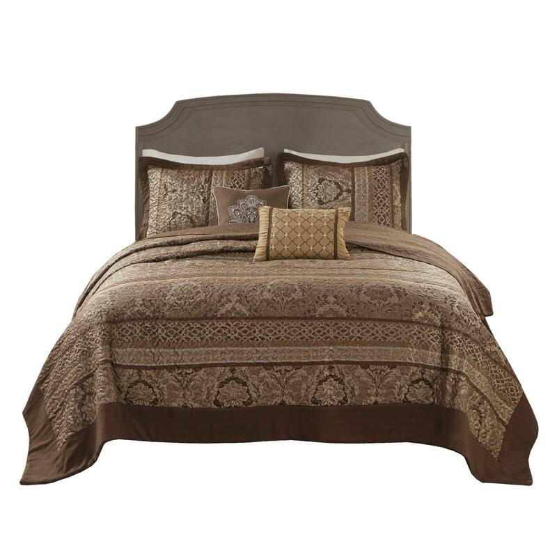 Madison Park Venetian Oversized 5-Piece Jacquard Bedspread Quilt Set with Matching Shams and Embroidered Throw Pillows