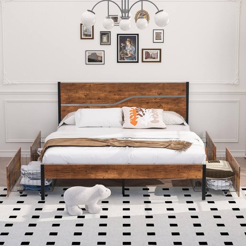 VECELO Upholstered Platform Bed Frame with 4 Storage Drawers, Full/Queen Size