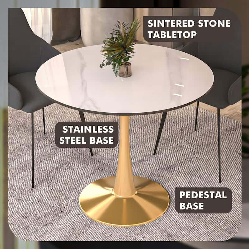 LeisureMod Round Dining Table 40" Sintered Stone Tabletop in Gold Steel Bistro Series