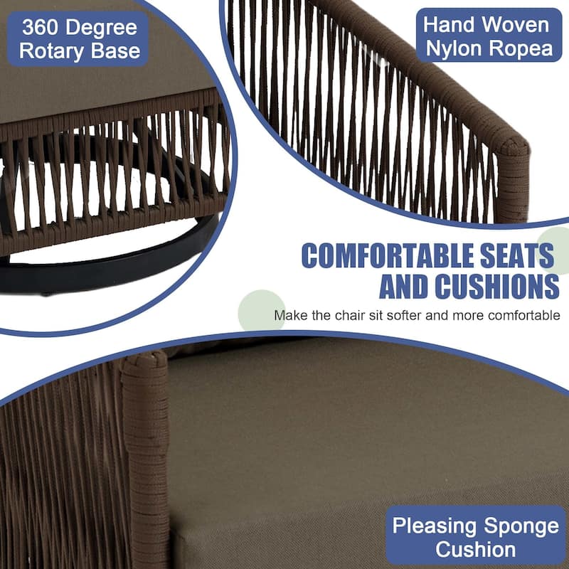 3 Piece Patio Woven Rope Swivel Chair Seating Group with Cushions