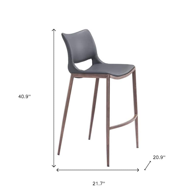 HomeRoots Set of Two 29" Dark Gray and Walnut Faux Leather and Steel Low Back Counter Height Bar Chairs