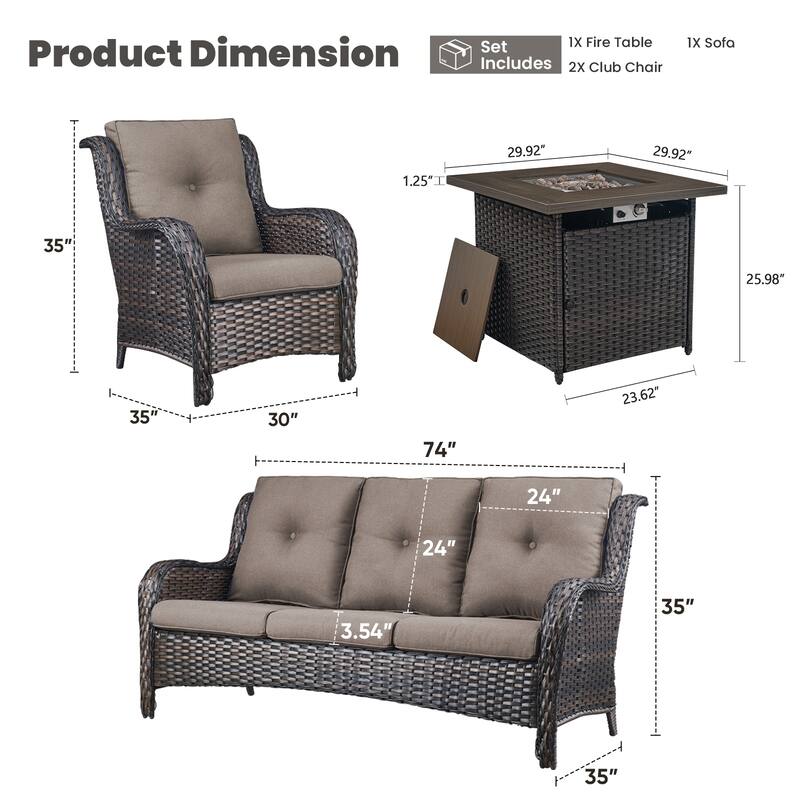 Gymojoy 4-Piece Outdoor Wicker Patio Furniture with Fire Pit Table, Rattan Coversation Set with Water Resistant Thick Cushions