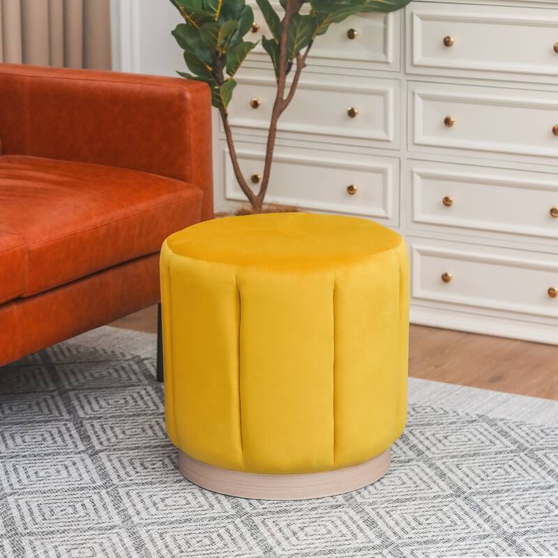 Adeco Round Upholstered Ottoman Flannelette Stool for Living Room - Yellow