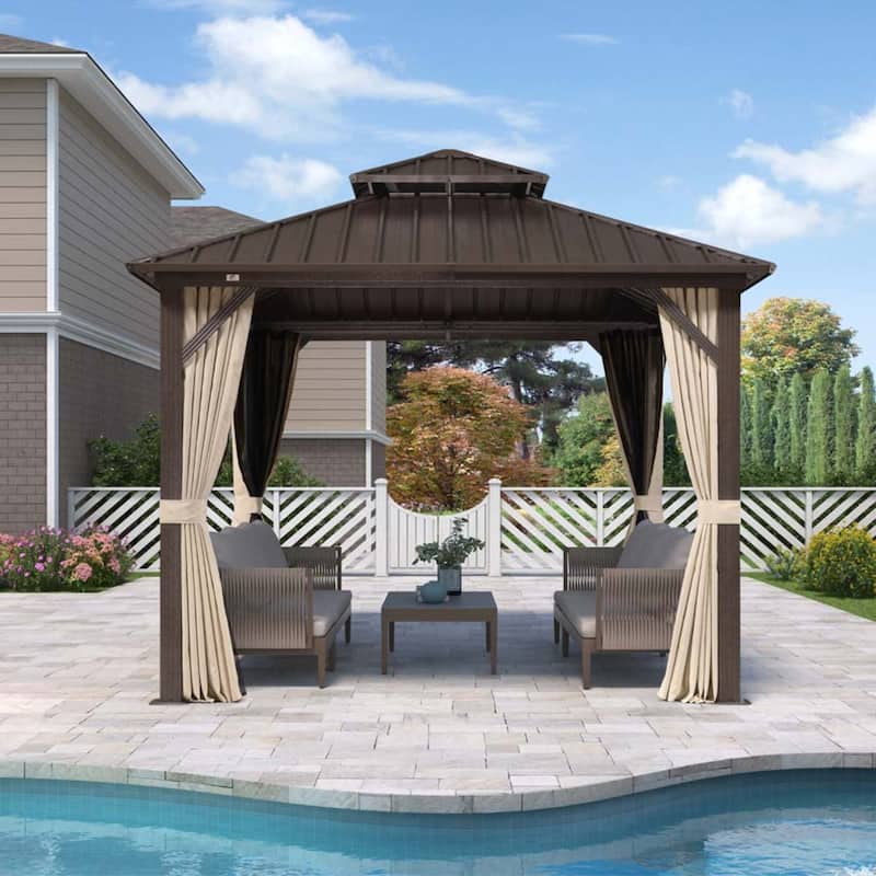 PURPLE LEAF Gazebo Outdoor Gazebo with Dual-Layer Galvanized Steel Double Roof Aluminum Gazebo with Netting and Curtains Bronze