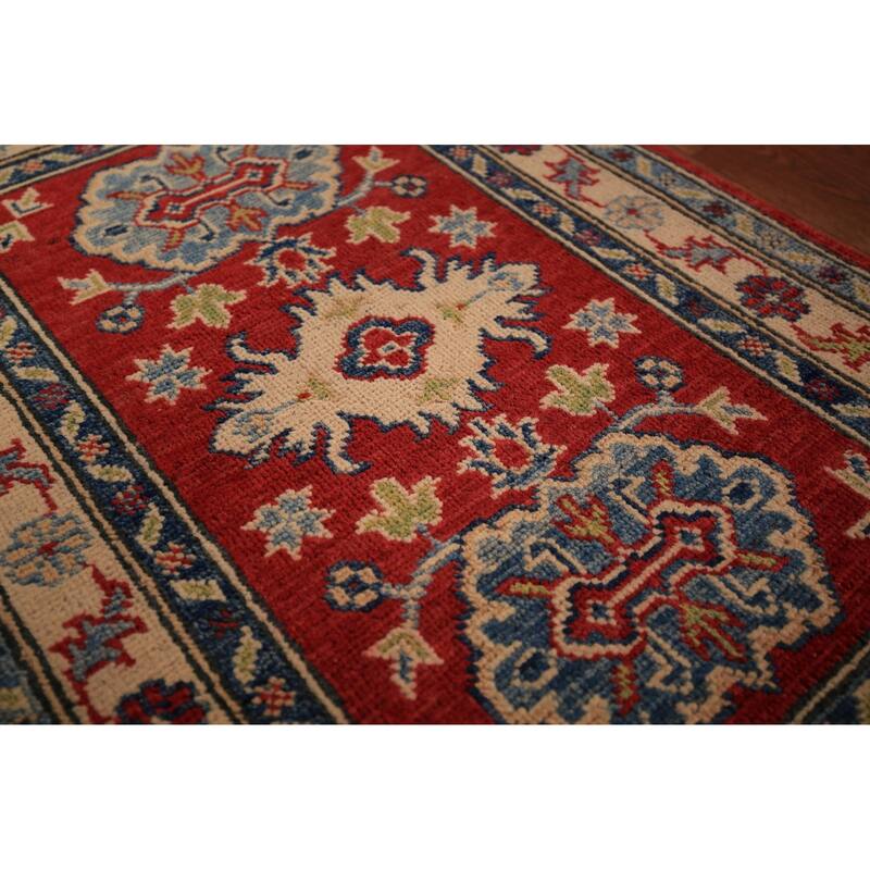 Geometric Kazak Accent Rug Traditional Handmade Red Wool Carpet - 2'0" x 3'0"