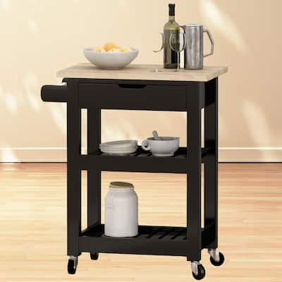 Compact Kitchen Cart with Rubberwood Top, 1 Drawer, 2 Shelves & Towel Holder - Rolling Casters, Modern Style