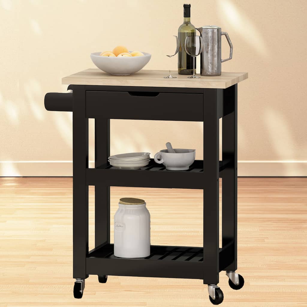 Compact Kitchen Cart with Rubberwood Top, 1 Drawer, 2 Shelves & Towel Holder - Rolling Casters, Modern Style
