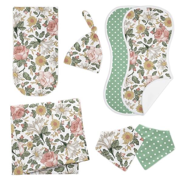 slide 2 of 6, Vintage Floral Boho 7pc Newborn Baby Layette Set - Blush Pink Yellow and Green White Bohemian Shabby Chic Rose Flower Farmhouse