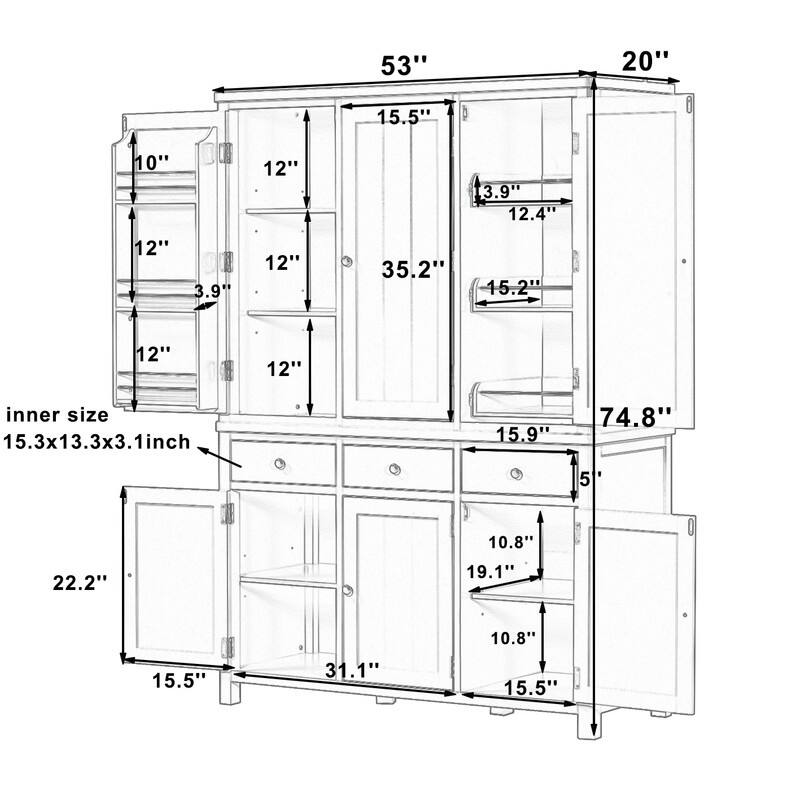 Farmhouse 74.8"Tall Freestanding Kitchen Pantry with Door Shelves,Adjustable Shelves, Pull-out Trays and Drawers