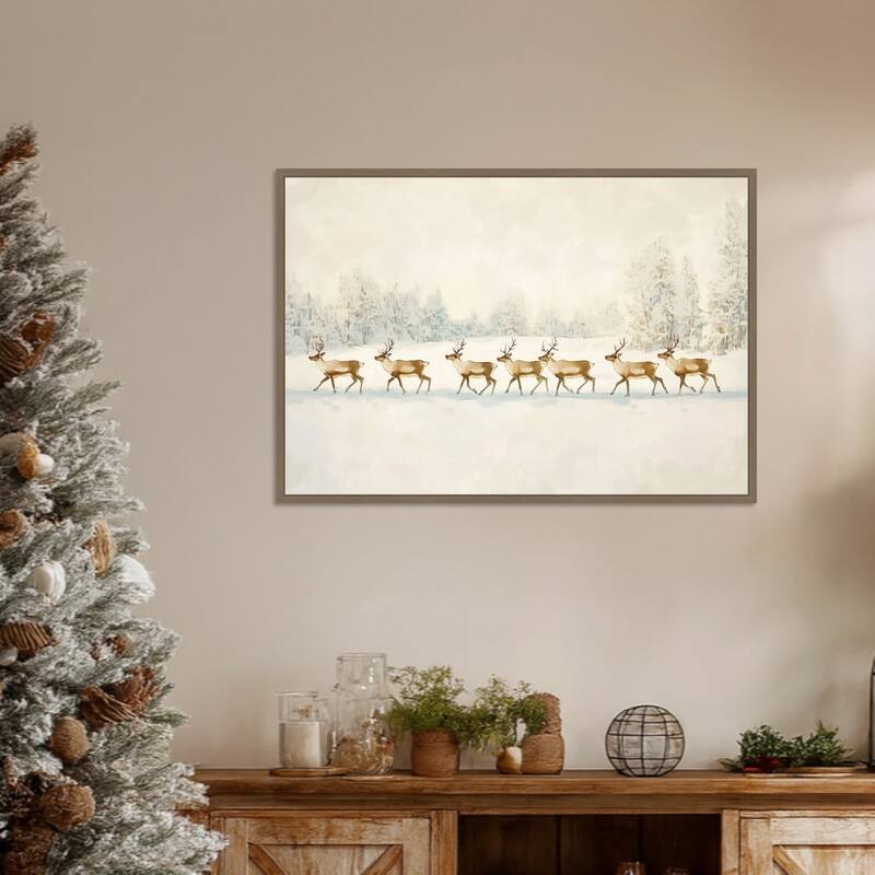 Winter Wonderland: Reindeer Procession by Melloi Art Prints Framed Canvas Wall Art Print - Sylvie Dark Gold