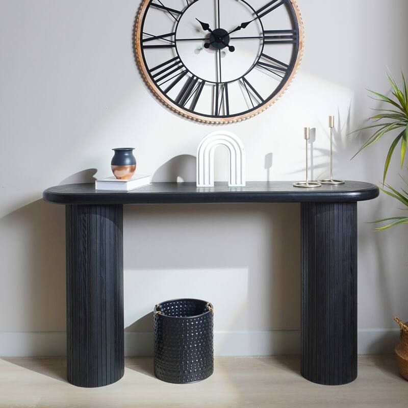 Entryway Accent Table Black Wooden Console Table, Distinct Column Pedestal Base Design with Vertical Ribbed Textured