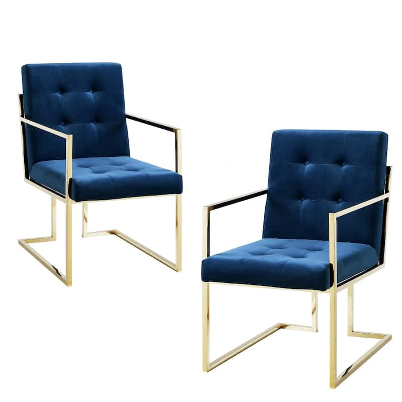 Set of 2 Modern Upholstered Arm Dining Chairs with Tufted Solid Back Steel Legs for Dining Room - 36.3”H x 20.9”W x 27.2”D - Navy-Blue-Gold
