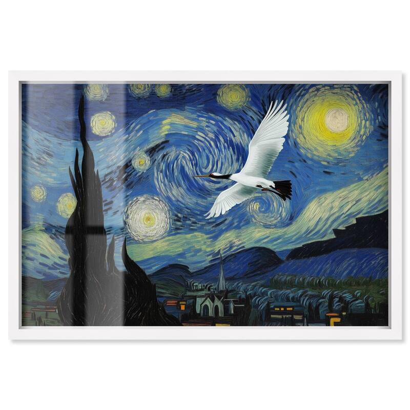 Crane Starry Night Shadowbox by Art Remedy - White - 15" x 10"