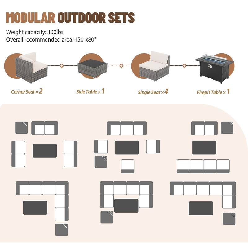 Outdoor Wicker Sectional Sofa 8-Piece Set with Fire Pit Table