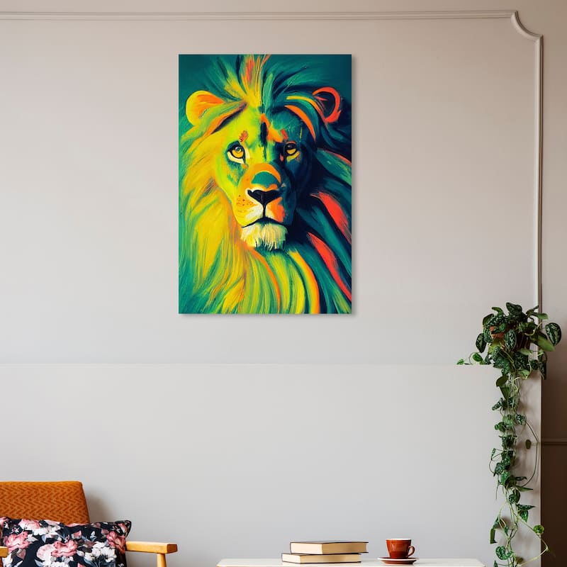 Wynwood Studio Canvas Animals Feline Royalty Green and Bohemian & Eclectic Wall Art Canvas Print - Green, Orange - 30 x 20