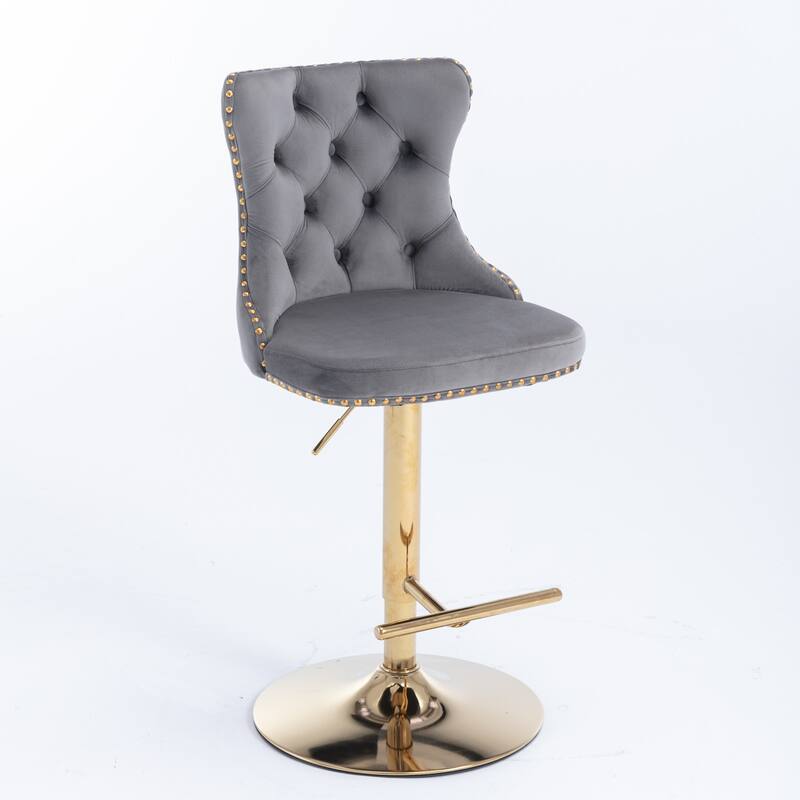 Swivel Bar Stools Set of 2, Adjustable Counter Height Upholstered Barstools with Nailheads Trim, Button Tufted Back and Footrest