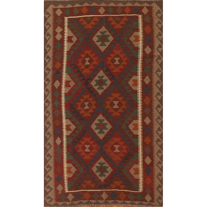 Geometric Kilim Area Rug Hand-woven Reversible Wool Carpet - 5'0" x 8'4"