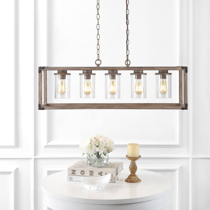 Darlene 36" 5-Light Linear Adjustable Iron/Seeded Glass Rustic Farmhouse LED Pendant, Brown by JONATHAN Y