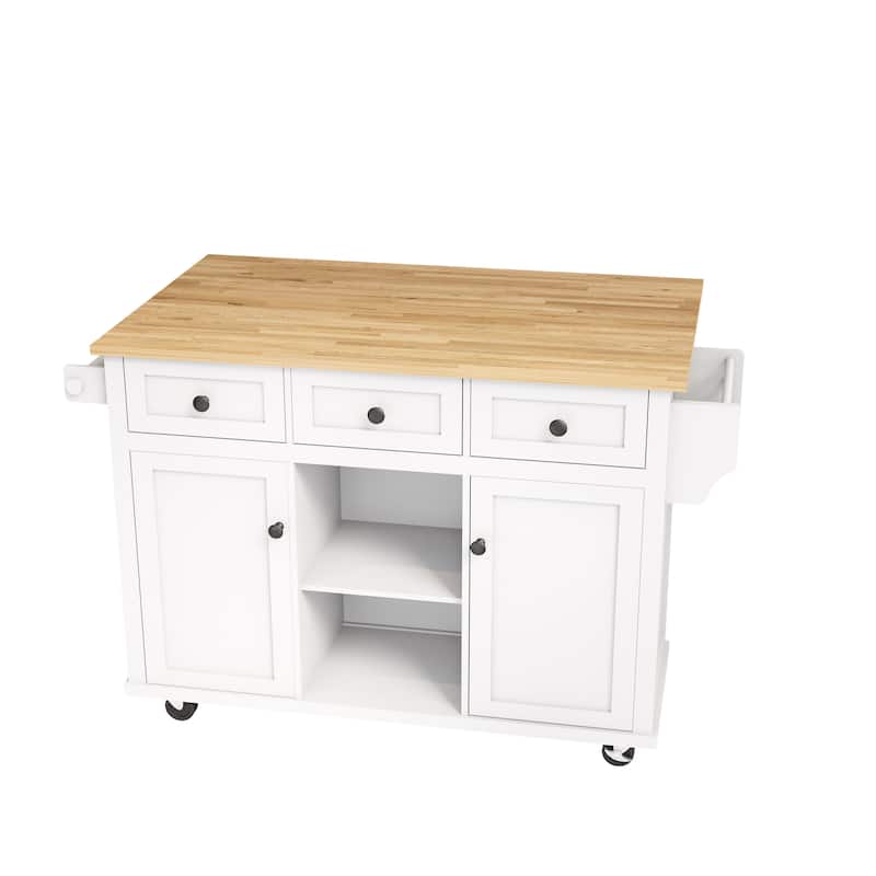 Kitchen Island on 5 Wheels with Storage Cabinet and 3 Drawers