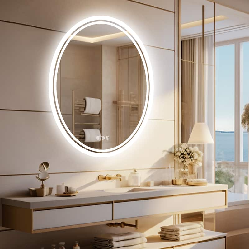 31.5” Oval Wall Backlit Bathroom Mirror Dimmable Makeup Mirror with 3 Lights, Anti-fog - 600x800mm