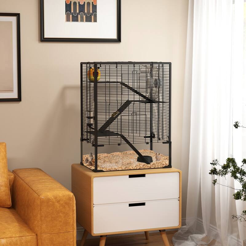 PawHut Large Hamster Cage with Deep Tempered Glass Bottom, 4 Tiers Hamster Tank with Running Wheel, Hut, Water Bottle, Black