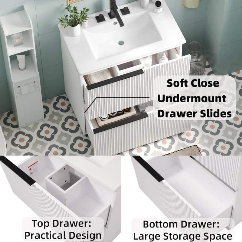 30" Bathroom Vanity with Ceramic Sink - Full-Extension Drawers, Soft-Close Slides, Fluted Design